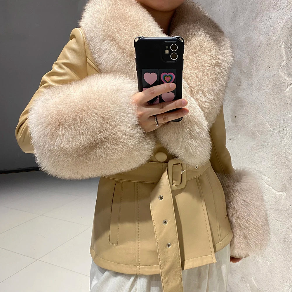 YOLOAgain Women's Real Fox Fur Collar Sheepskin Leather Jacket Coat Autumn 2024
