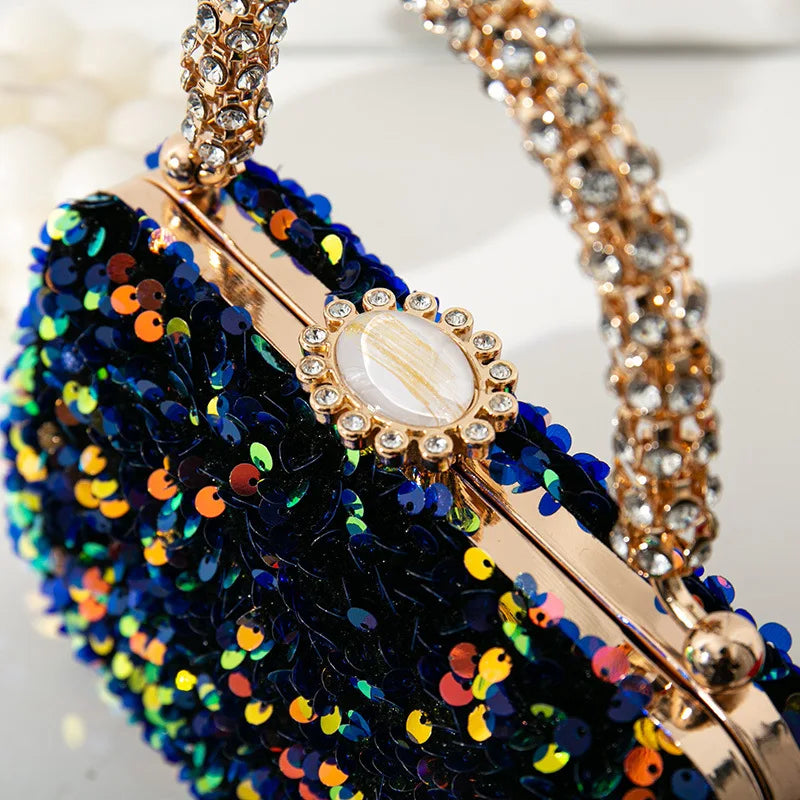 Luxury Women Shiny Sequins Evening Handbag Crystal Diamond Clutches Purse with Rhinestone Top Handle Lady Shoulder Messenger Bag - Kimlud