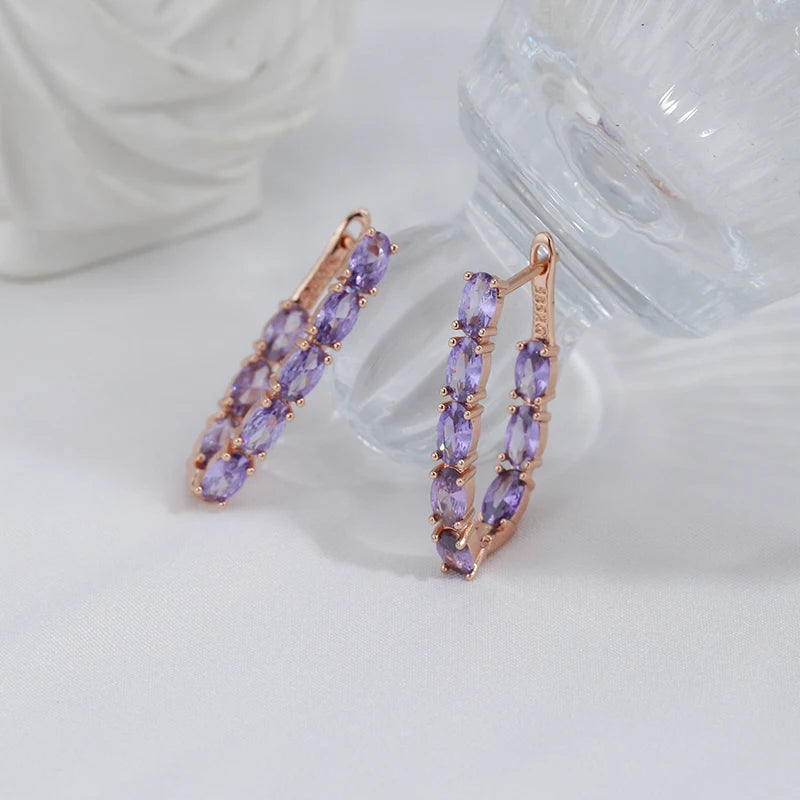 Luxury Full Claw Oval Purple Zircon Metal Earrings 585 Gold Color Ear Drop Statement Jewelry Women Party Wedding Accessories