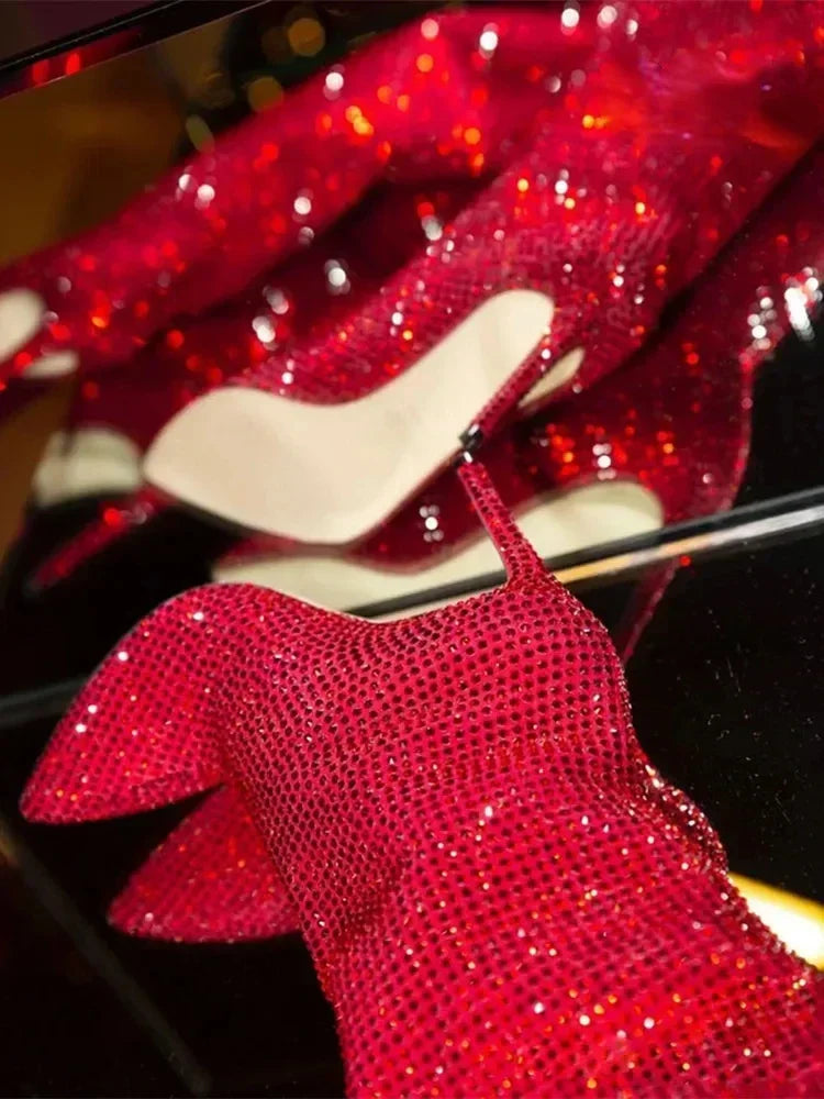 2025Women's New European and American Fashion Show Starry Sky High-heeled Rhinestone Pointed Nightclub Four Seasons Boots