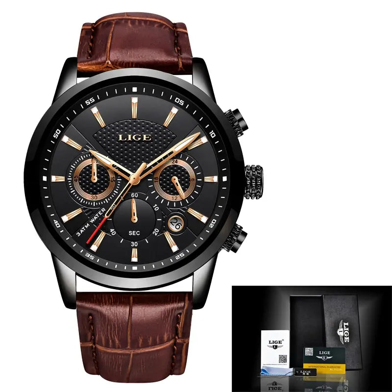 LIGE Watches Men 2024 Top Brand Luxury Casual Leather Quartz Men Watch Man Business Clock Male Sport Waterproof Date Chronograph