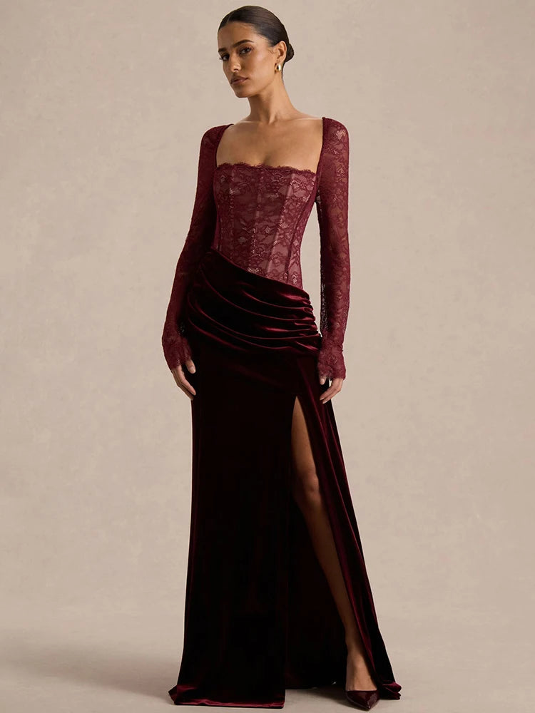 Mozision Lace Velvet Square-Neck Sexy Maxi Dress Women Elegant See Through Long Sleeve Backless Split Club Party Long...