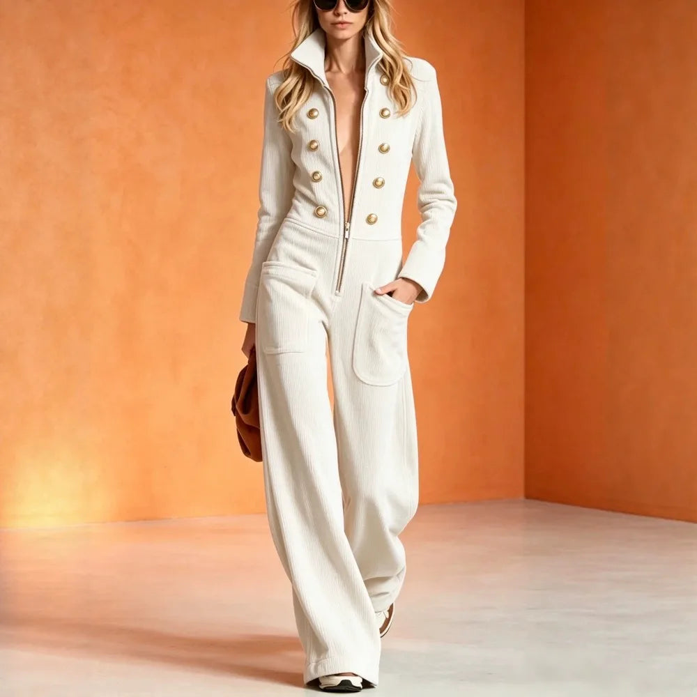 2026 Fall Winter Women Corduroy Stand Collar Front Zip Wide Leg Jumpsuit Mid Waist - Kimlud