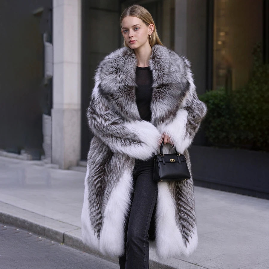 Long Fox Fur Coat With Turndown Collar Combined Fox Fur Jacket Real Silver Fox Fur Coat New Natural Fur Coats For Women