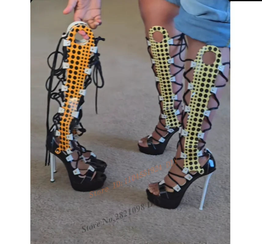 Strappy Polka Dot Thick Platform Thin High Heel Sandals Women Sexy Cross Tied Lace Up Mixed Colors Women Summer Knee...