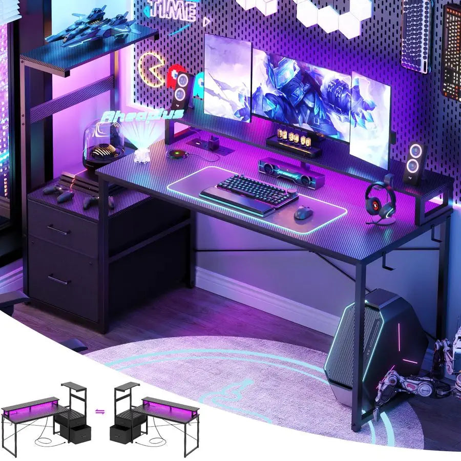 Gaming Desk with LED Strip amp Power Outlet, 59Inch Reversible Computer Desk with Monitor Stand amp Storage Shelves, Home Office