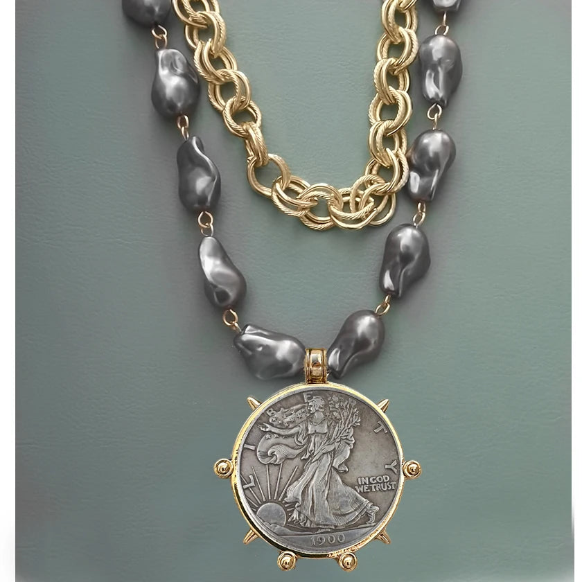 2025 chunky layer Jewelry Luxurious imitation grey pearl exaggerate coin charm pendant Clasps Carabiner Necklace...