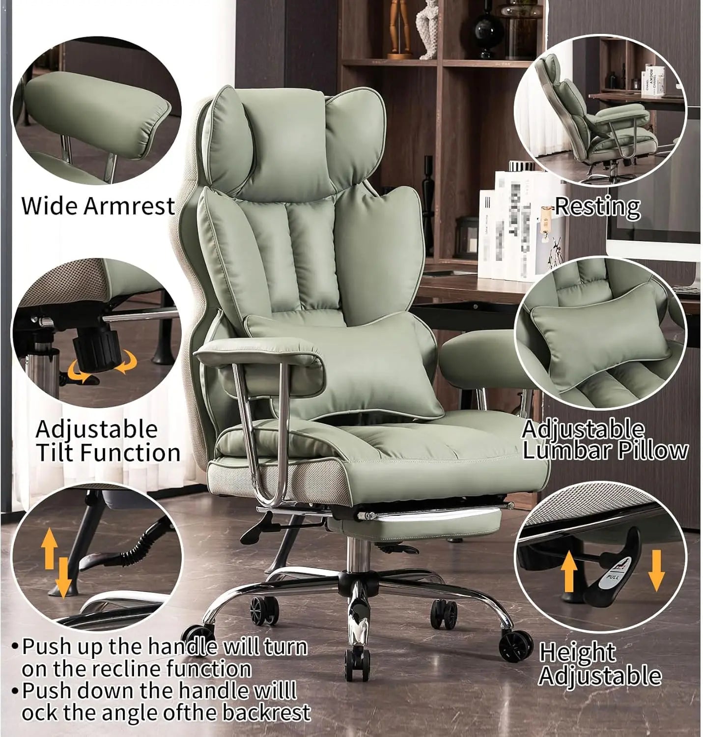 Heavy-Duty Executive Office Chair with Footrest, 400lbs Capacity, Reclining Backrest, Light Green Leather | Kimlud...