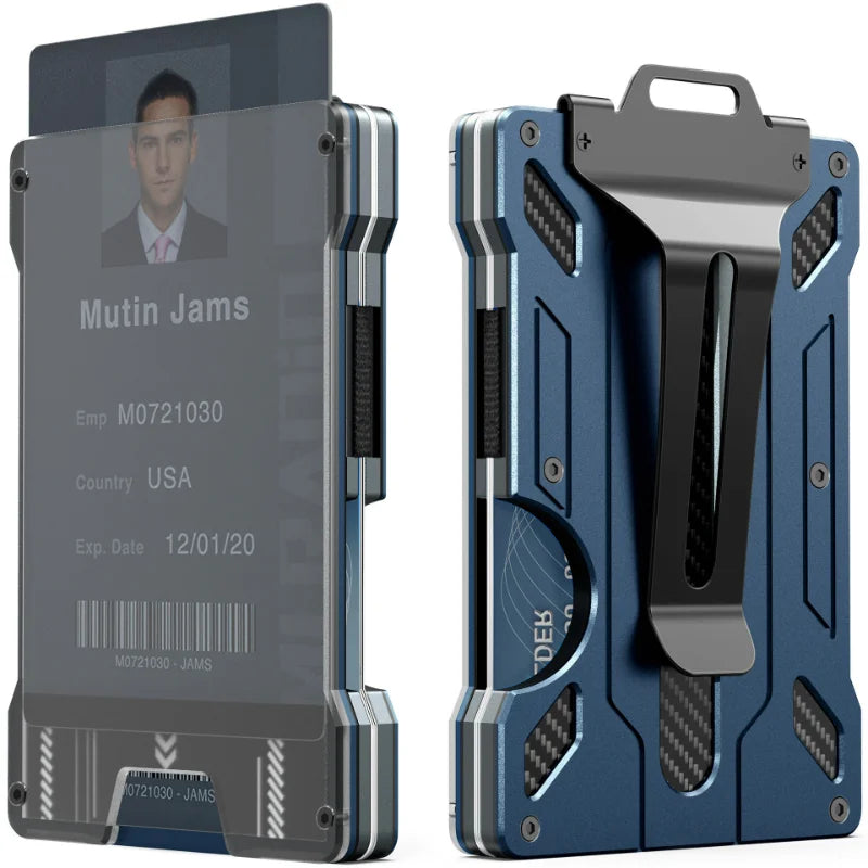 Minimalist Wallet for Men- Slim Aluminum Metal Money Clip with Clear ID Card Holder, RFID Blocking, Ultra-Thin Carbon Fiber
