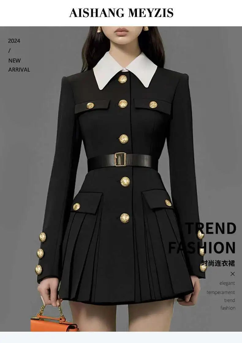 Luxury Quality 2025 Spring Autumn Single Breasted Golden Button Long Full Sleeve Blazer Suit Coat Pleated Short Dresses Women