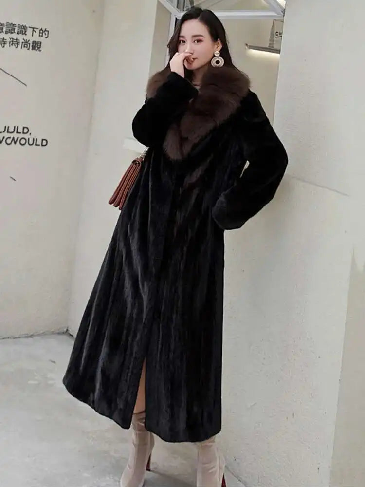DEAT Fashion Women's Imitation Mink Fur Coat Fur Collar Loose Long Sleeves Thick Warm Overcoat Winter 2024 New tide 7AB6171