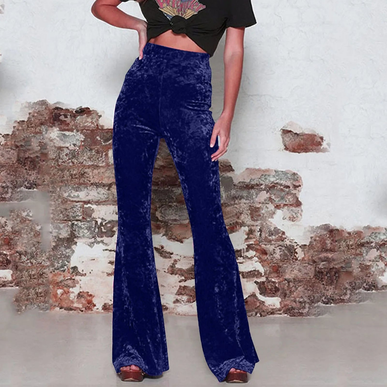 Vintage Velvet Flare Pants Women Sexy High Waist Floor-Length Trousers Lady Casual Velour Bell Bottom Pants Stretchy Retro Pant