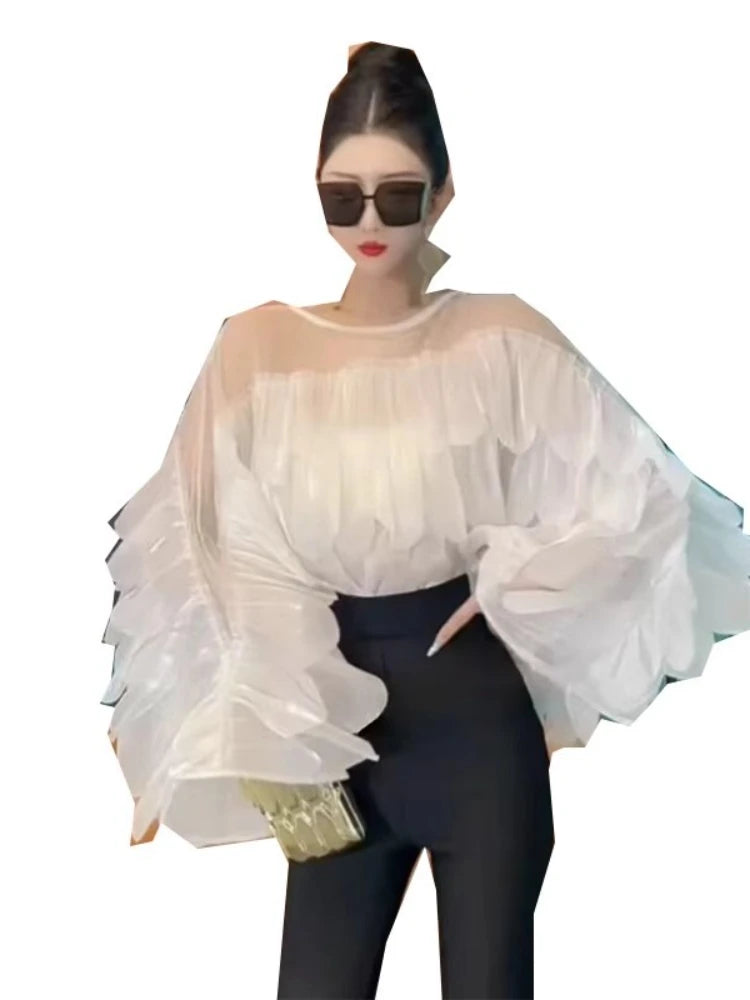 Women Blouse Light Luxury Summer Shirt For Lady Round Neck Full Sleeves Spliced Flounced Edge Mesh Irregular Hem Loose Tops Tide