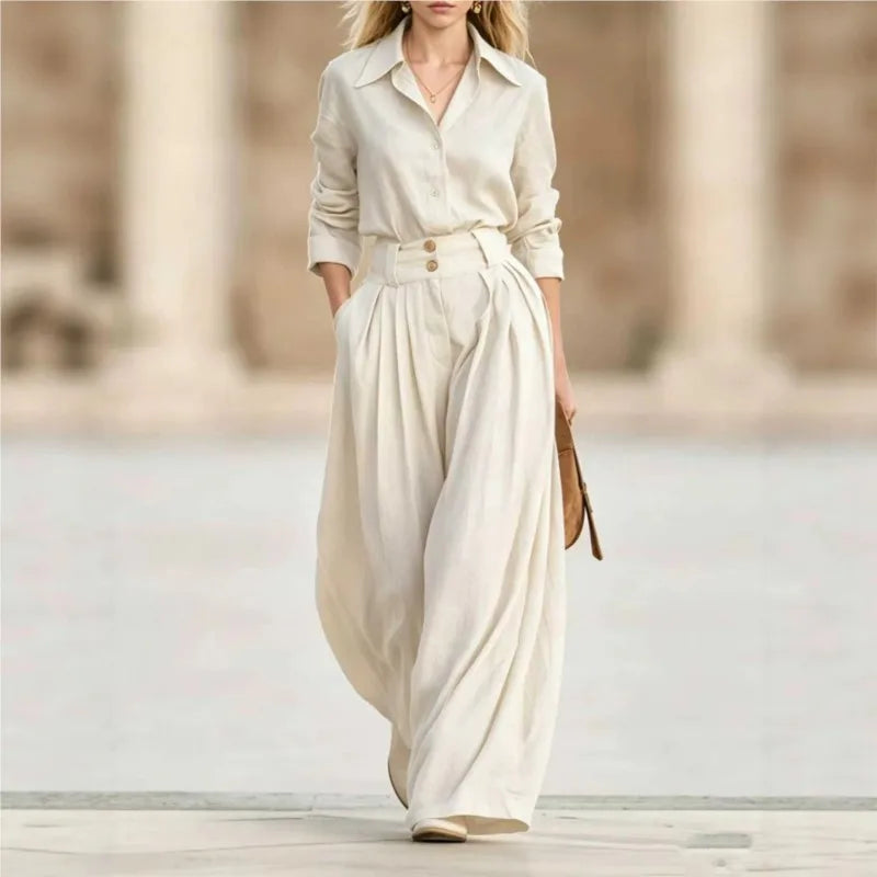 Women Solid Two Piece Outfit Autumn Lapel Long Sleeve Button Shirt + High Waist Pleated Wide Leg Pants Set Casual Office Suits