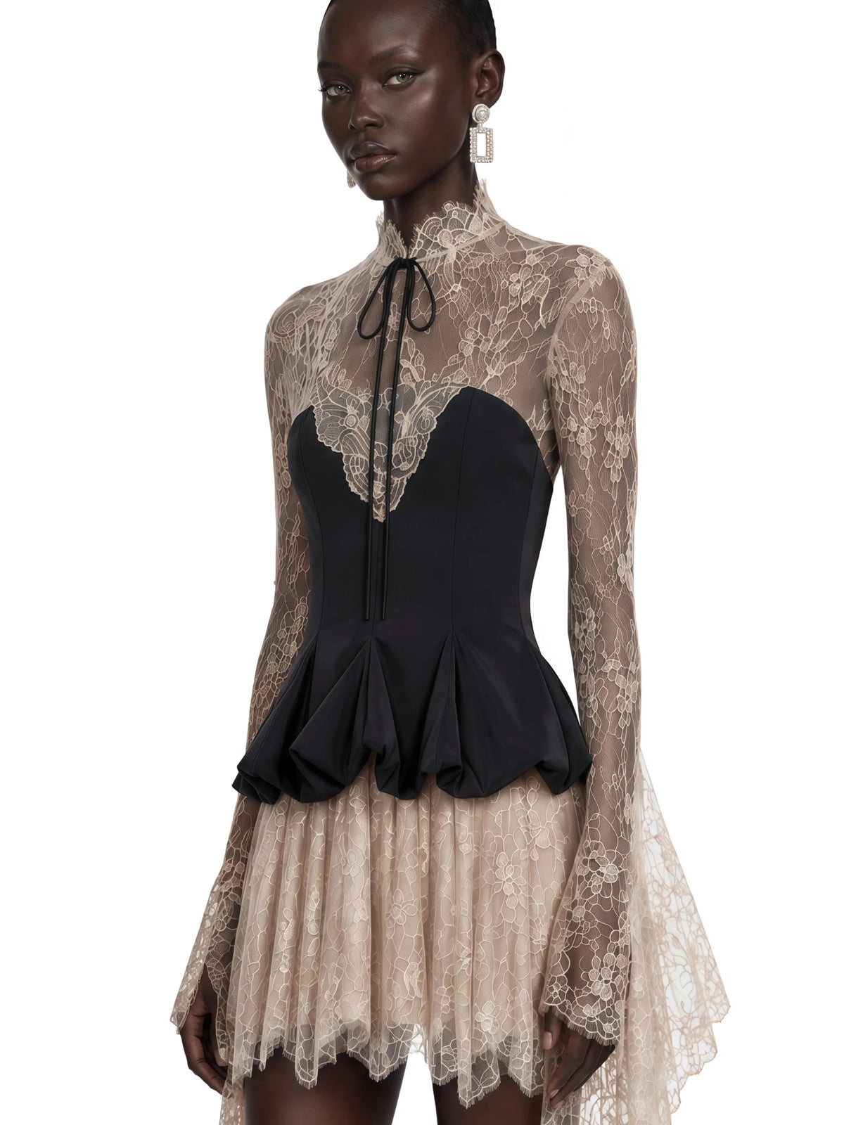 Black Lace Long Sleeve Mini Evening Dress High Neck Corset Party Dress Luxury Formal Wear Women