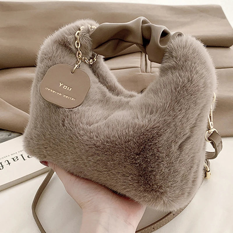 Cute Faux Fur Plush Handbags Ruched Handle Small Lady Shoulder Crossbody Bag Casual Tote Half-Moon Hobos Winter Bags for Women