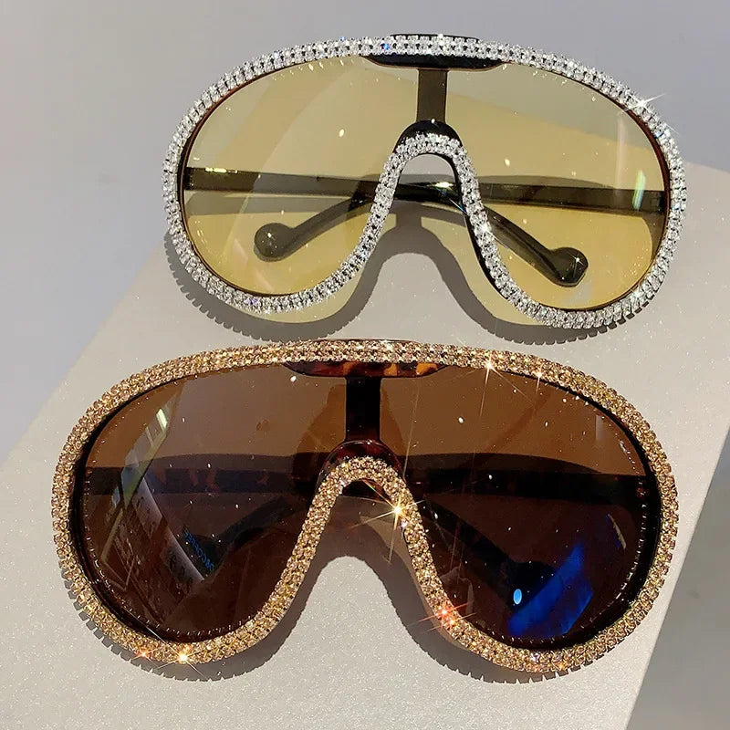 Pilot Sunglasses Women For Female Luxury Brand Designer Oversized Sun Glasses Vintage Big Frame One Piece Diamond Crystal Shades