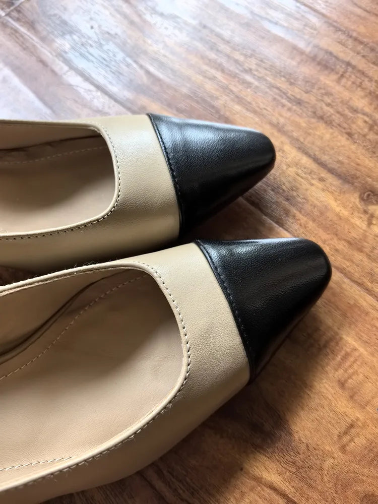MKKHOU Fashion Shoes New High Quality Genuine Leather Shoes Color blocked Round Head Shallow Mouth High Heels Women's Shoes - Kimlud