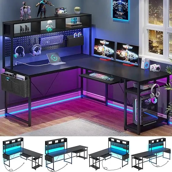 L Shaped Gaming Desk, Reversible Computer Desk with Power Outlet and Pegboard, Gaming Desk with Led Lights, | Kimlud...