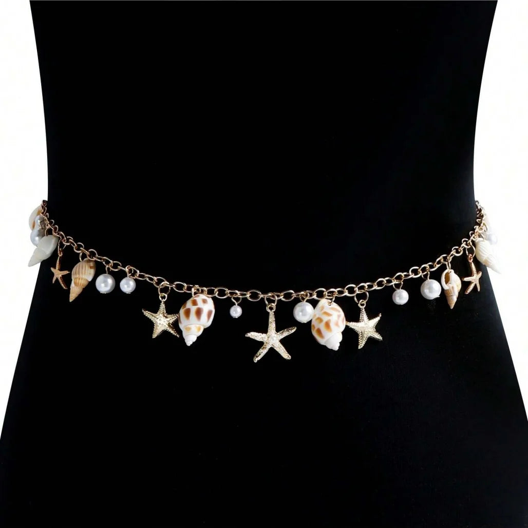 Bohemian Summer Beach Shell Waist Chain, Imitation Pearl Starfish Conch Jewelry,Seaside Waist Accessory for Women - Kimlud