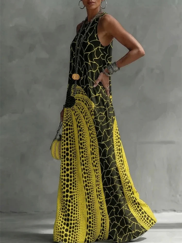 Fashion Abstract Polka-Dot Printed Maxi Dresses Pockets Sleeveless Round-Neck Loose Casual Vacation Party Long Dress...