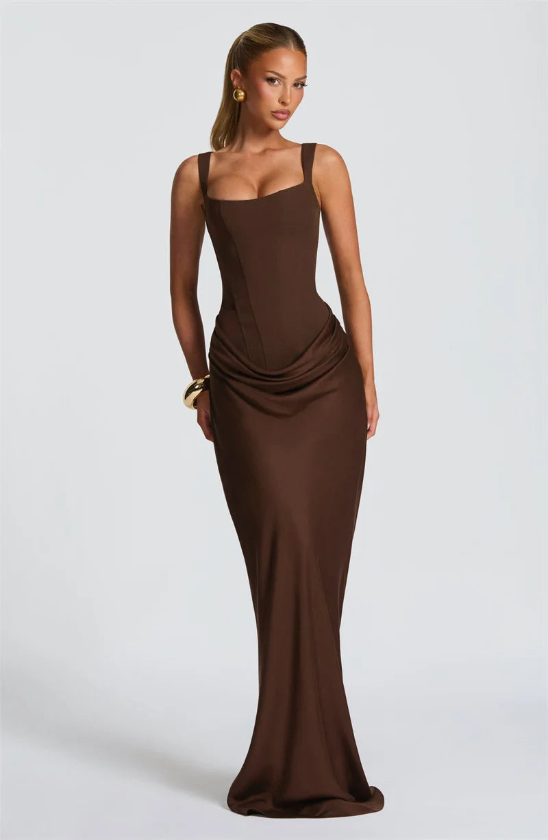 Mozision Elegant Backless Sexy Maxi Dress Women Gown Fashion Square Collar Sleeveless Skinny Ruched Club Party Long...