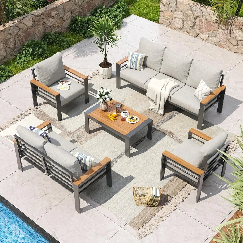 Aluminum Patio Furniture Set 7 Seats, Oversized Outdoor Sectional with Washable Thick Cushions, Coffee Table and...