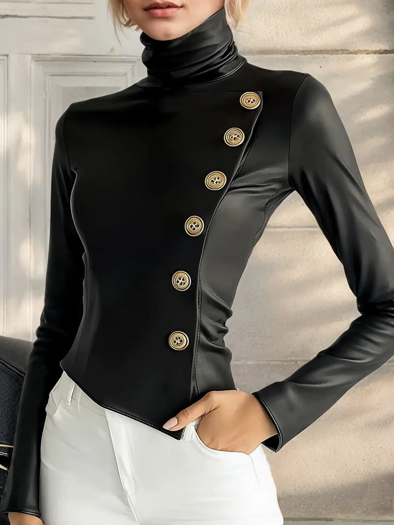 Women Leather PU T Shirts Irregular Slit Hem Long Sleve Button Turtleneck High Street Slim Tops Casual Vintage Spring Tops 2025