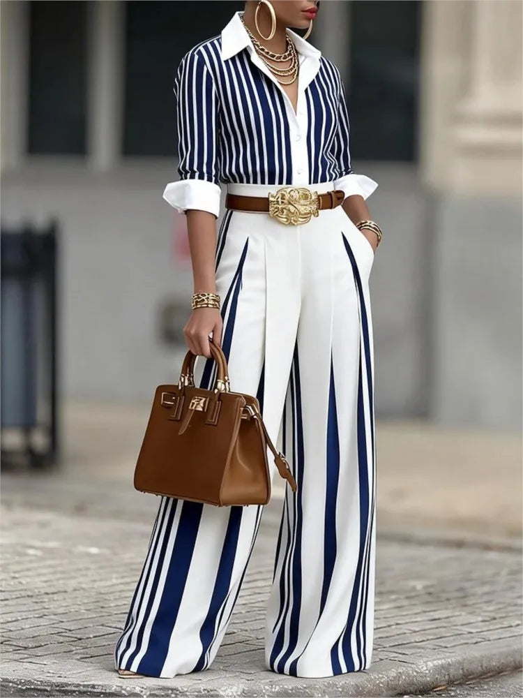 Women Fashion Striped Printed Shirt Two Piece Sets Autumn Lapel Single-Breasted Long Sleeve Shirt Top + Wide Leg Pants Outfit