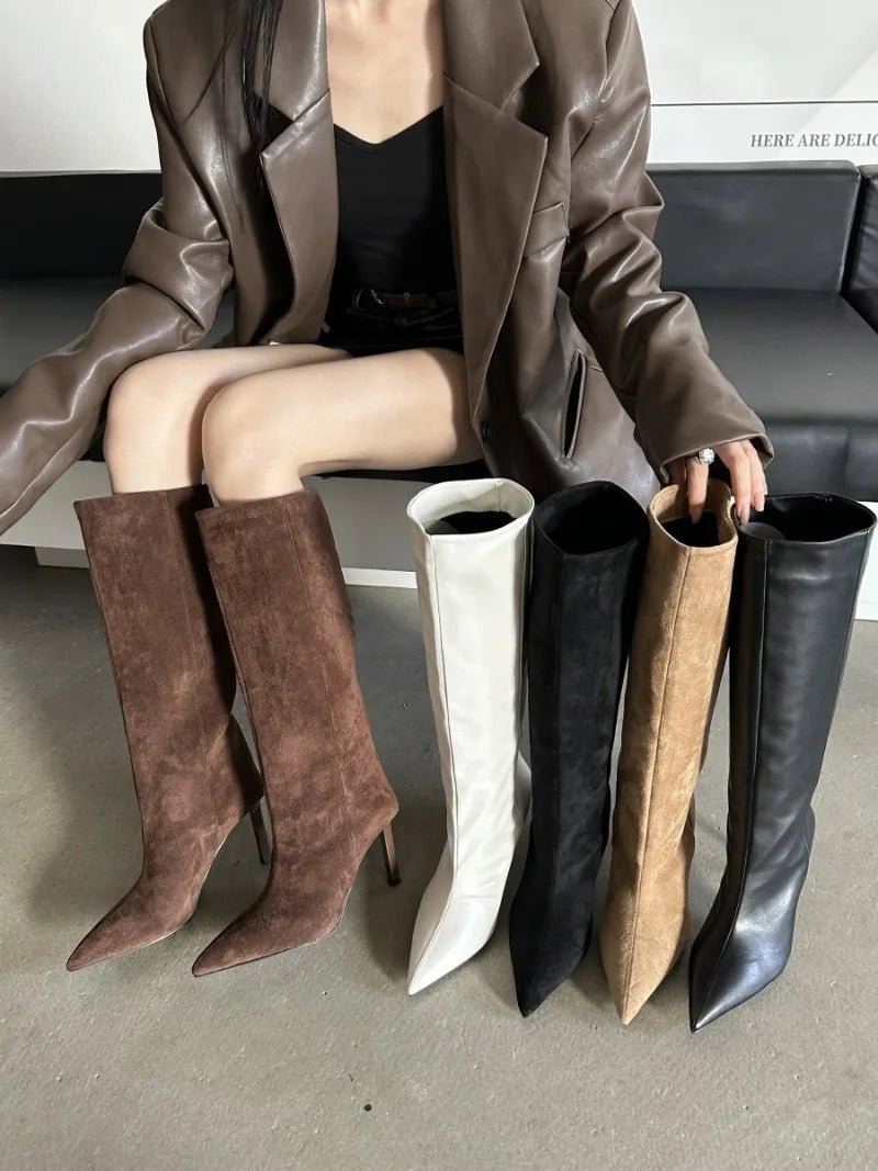 Fashion Retro Minimally Pointed Suede slim High Heels Knight Boots slip-on Knee-high Women's Shoes Pumps Botas De Mujer