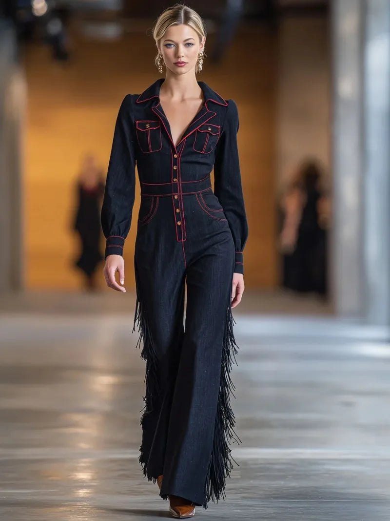 Vintage Fringed Denim Jumpsuit Button Front Deep V-Neck Slim Fit Flare Leg One-Piece for Party & Streetwear Western...