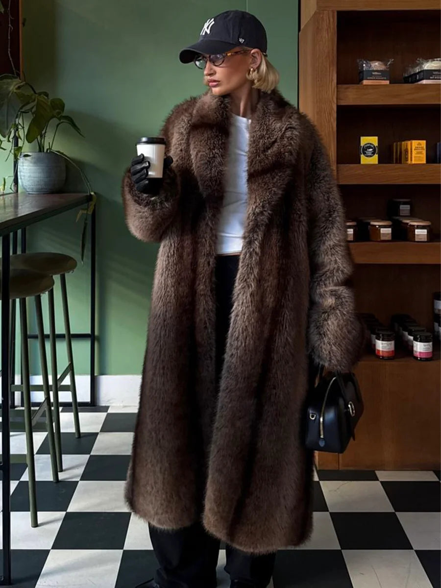 Brown Stripes Gradient Premium Faux Fur Maxi Long Coat Luxury Vintage Fluffy Lapel Collar Midi Coat Pinterest Style Slay Outfits