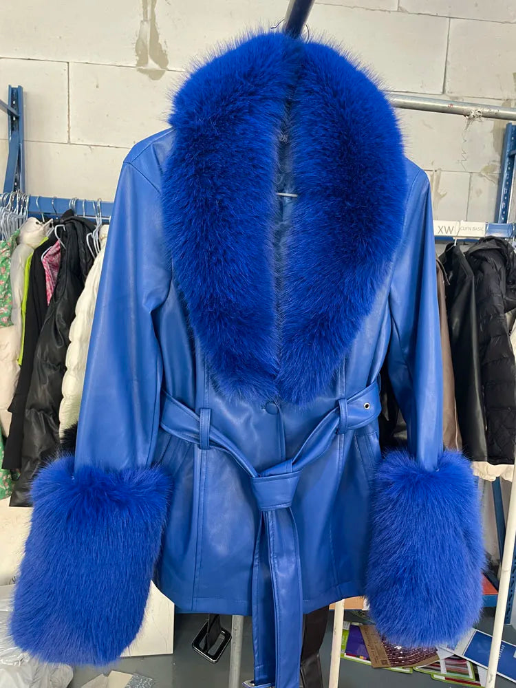 RR Slim Long Faux Leather Jackets Women Fashion Solid Buttons Coats Women Elegant Tie Belt Waist Pockets Jackets Female Ladies