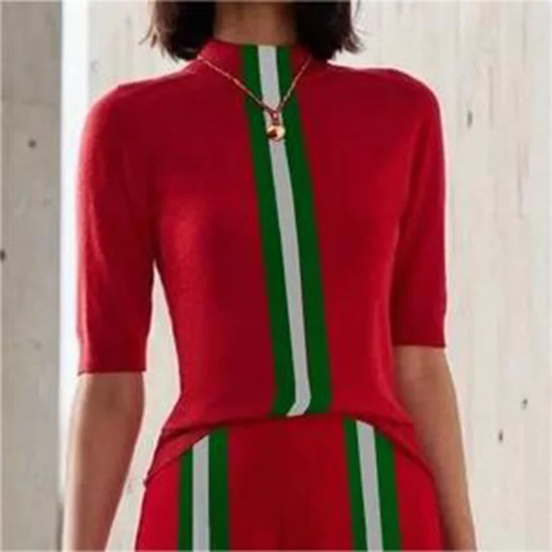 Krisstarsgirls Women Stripe Skinny T-Shirts Red 2025 Summer Half Sleeves Mock Neck Woman Leisure Contrast Color Tops Office Lady