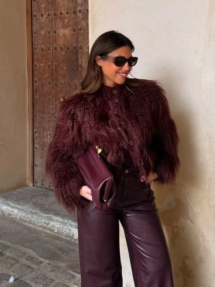 HH Women's New Faux Fur Effect Knitted Crew Neck Jacket Female Winter Elegant Temperament Single-Breasted Long Sleeve Coat