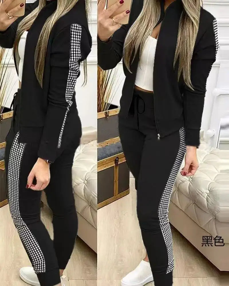 Autumn Winter Women's Sports Zipper Plaid Tracksuits Elegant Retro Jacket Coat And Drawstring Pants Two Piece Set Women...