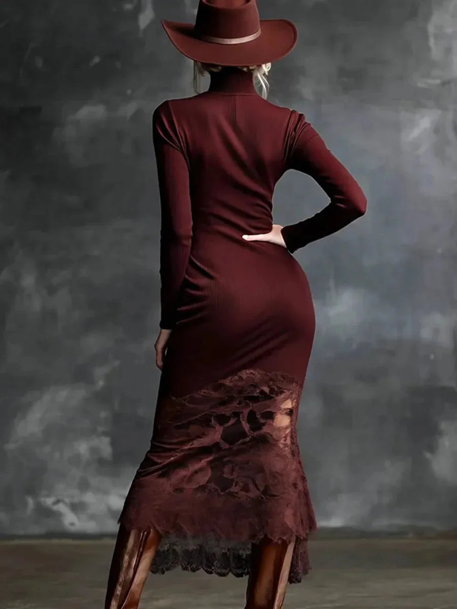 Women's Sexy Lace Splicing Long Dress High Neck Slim Fit Long Sleeve Wine Red Maxi Dress for Autumn Comfortable Evening Wear