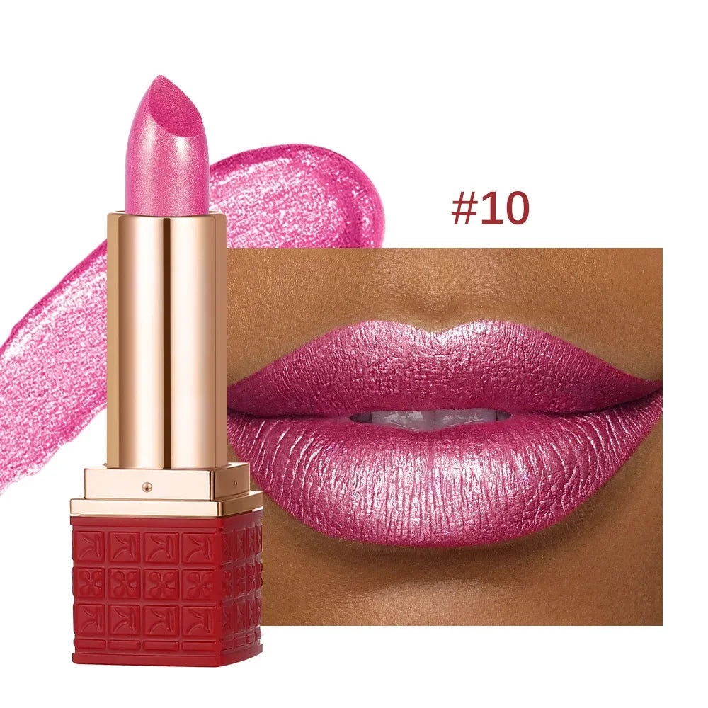 Rose Metallic Lipstick Glitter Lip Glaze Waterproof Long Lasting Moisturize Bright Red Pearlescent Shiny Lipgloss Makeup 6color