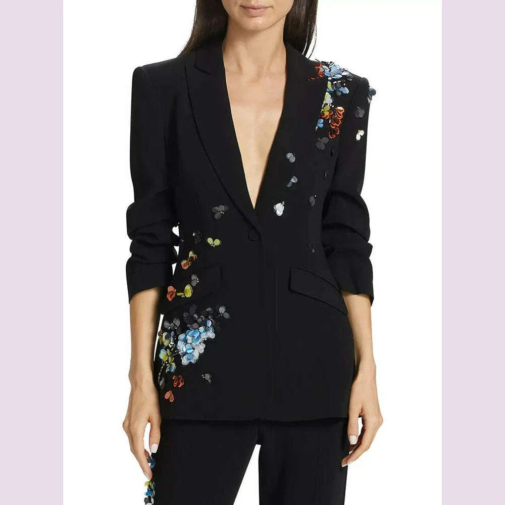 VGH Solid Spliced Sequins Slimming Blazers For Women Notched Collar Long Sleeve Tunic Casual Chic Blazer Female New Autumn 2024