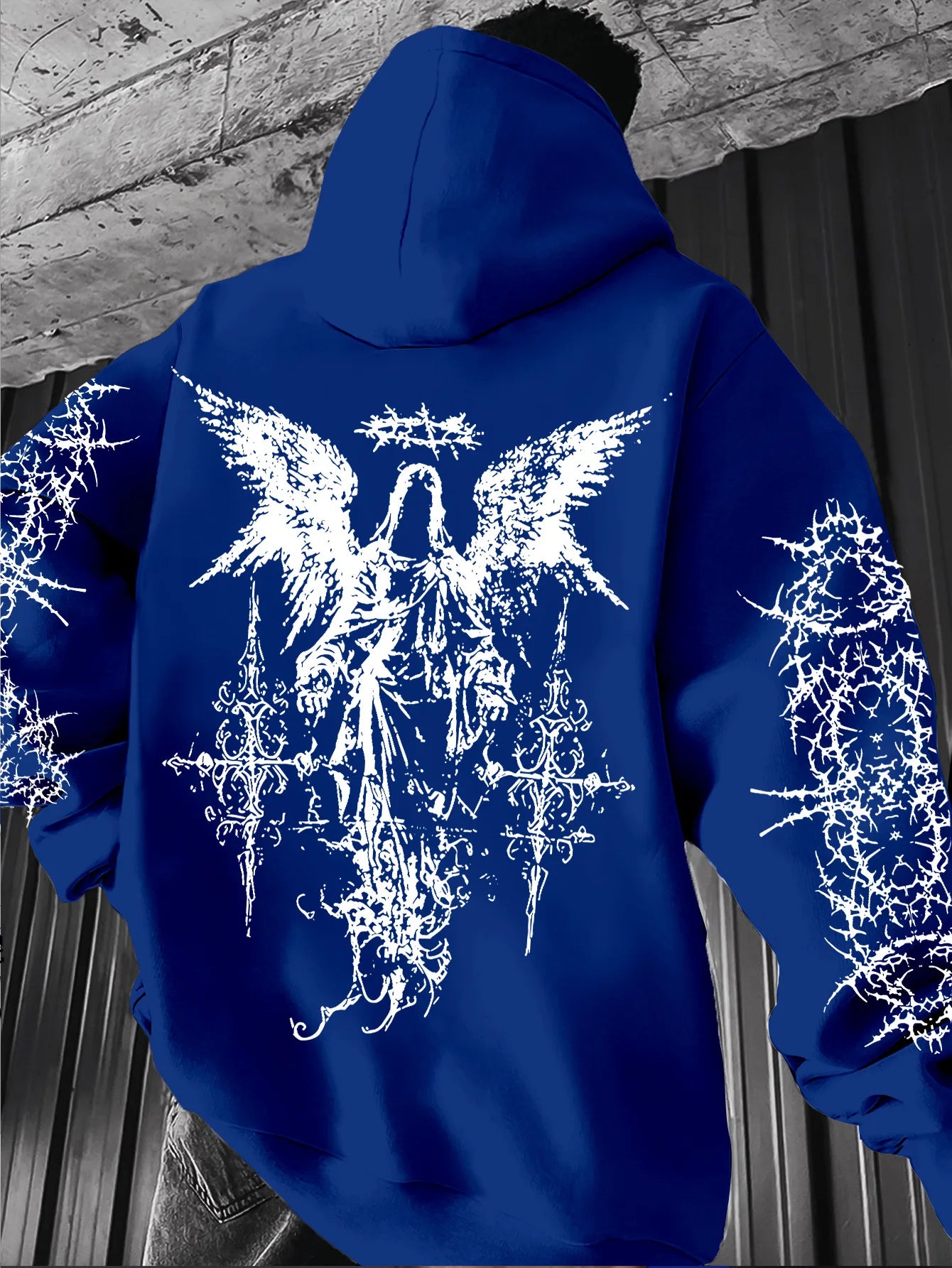 Men's Angel-themed graffiti thorn print streetwear hip-hop punk style hooded sweatshirt regular fit version sweatshirt hoodie