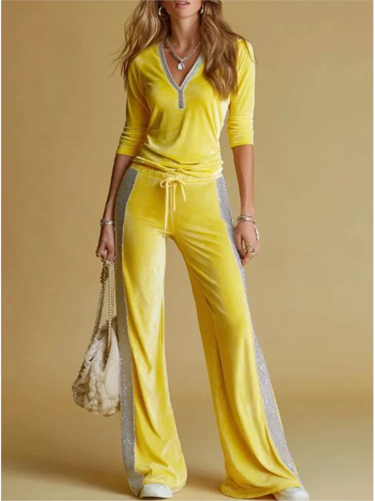 Spring Autumn Women's Fashion Velvet Pants 2-Piece Set Spliced V Neck Long Sleeve Elastic Waist Tie Casual Sports Pants Suit - Kimlud