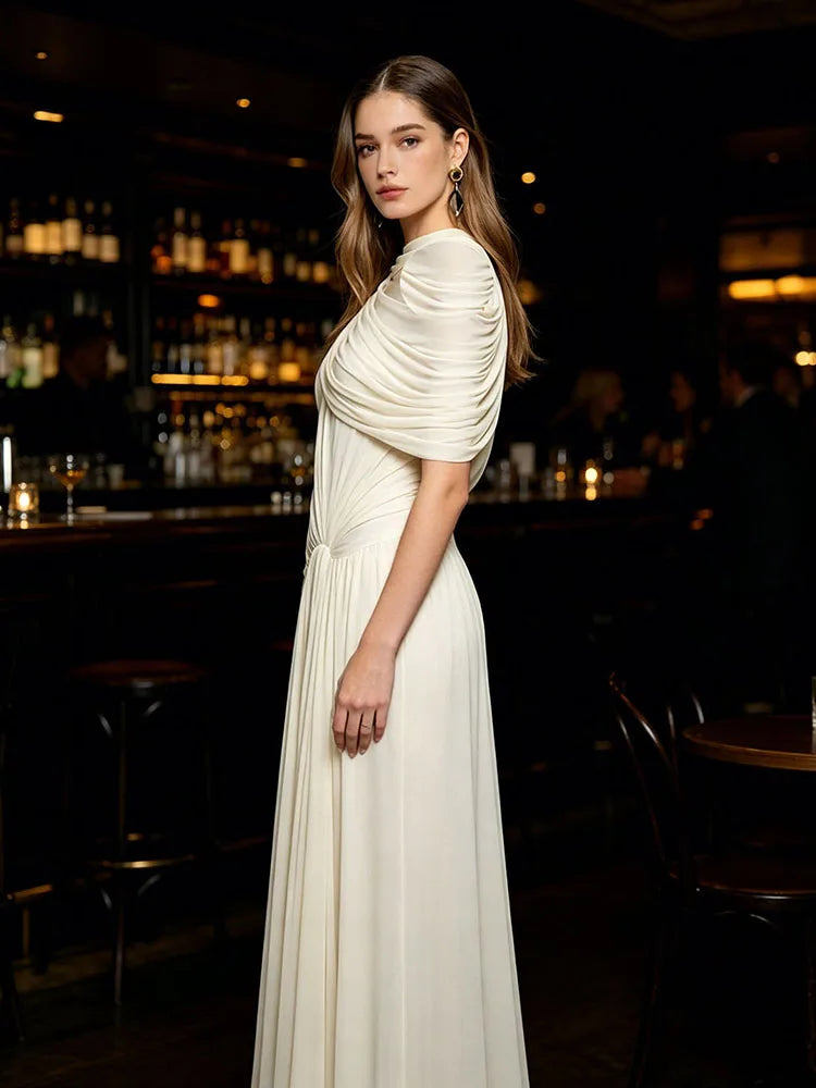 Sexy O Neck Mesh Covering Ruched Long Dress Women Beige Sleeveless Ruched Slim Dresses Celebrity Maxi Evening Party Club...