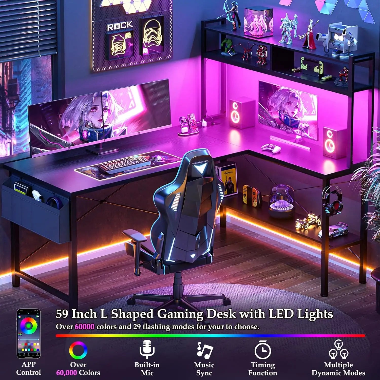 59" L-Shaped Gaming Desk with LED Lights & Power Outlets, Reversible Corner Computer Desk for Home Office & Gamers