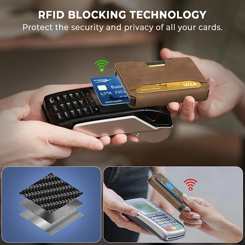 Minimalist Mens Wallet with Money Clip, Aluminum Pop Up Card Case and Leather Slots Credit Card Holder RFID Blocking Wallet