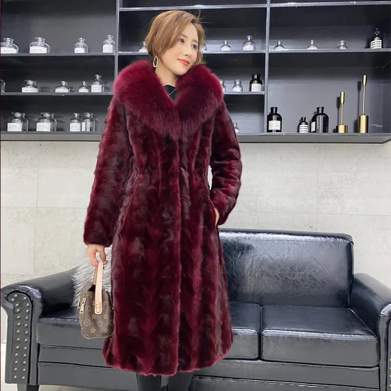 Hot-selling Fashionable Women's Real Mink Coat Winter Warm Long Natural Fox Fur Collar High-quality Real Fur Jacket