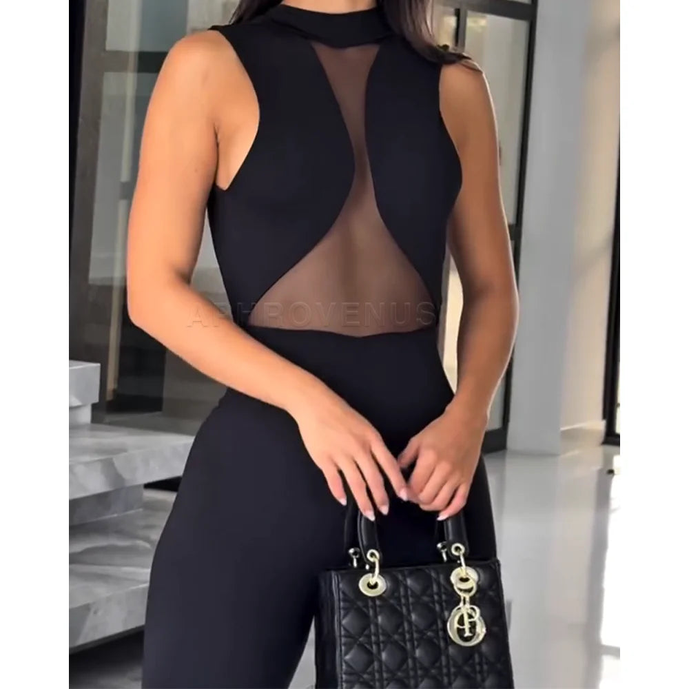 Sexy Women's Summer Mesh Hollow Out Jumpsuit Sleeveless Romper with Sheer Lace Panel High Waist Casual Wide Leg Pantsuit Outfit - Kimlud