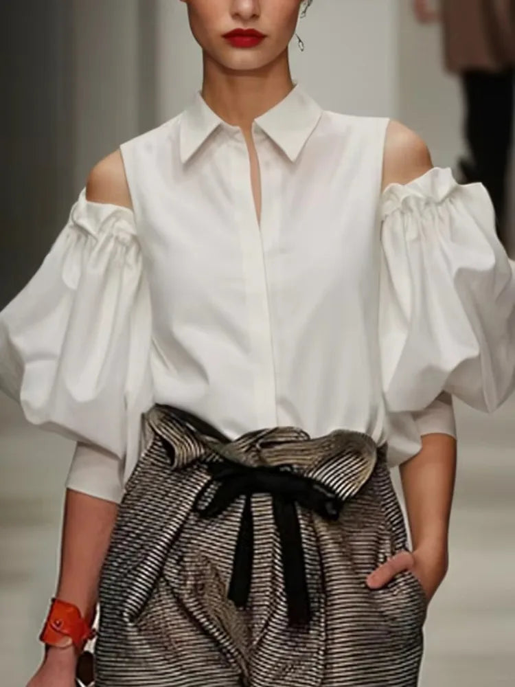 Yeezzi Women's Solid Color Cold Shoulder Lapel Shirts 2025 New Spring Summer Puff Sleeves Loose Pleated Urban Casual...