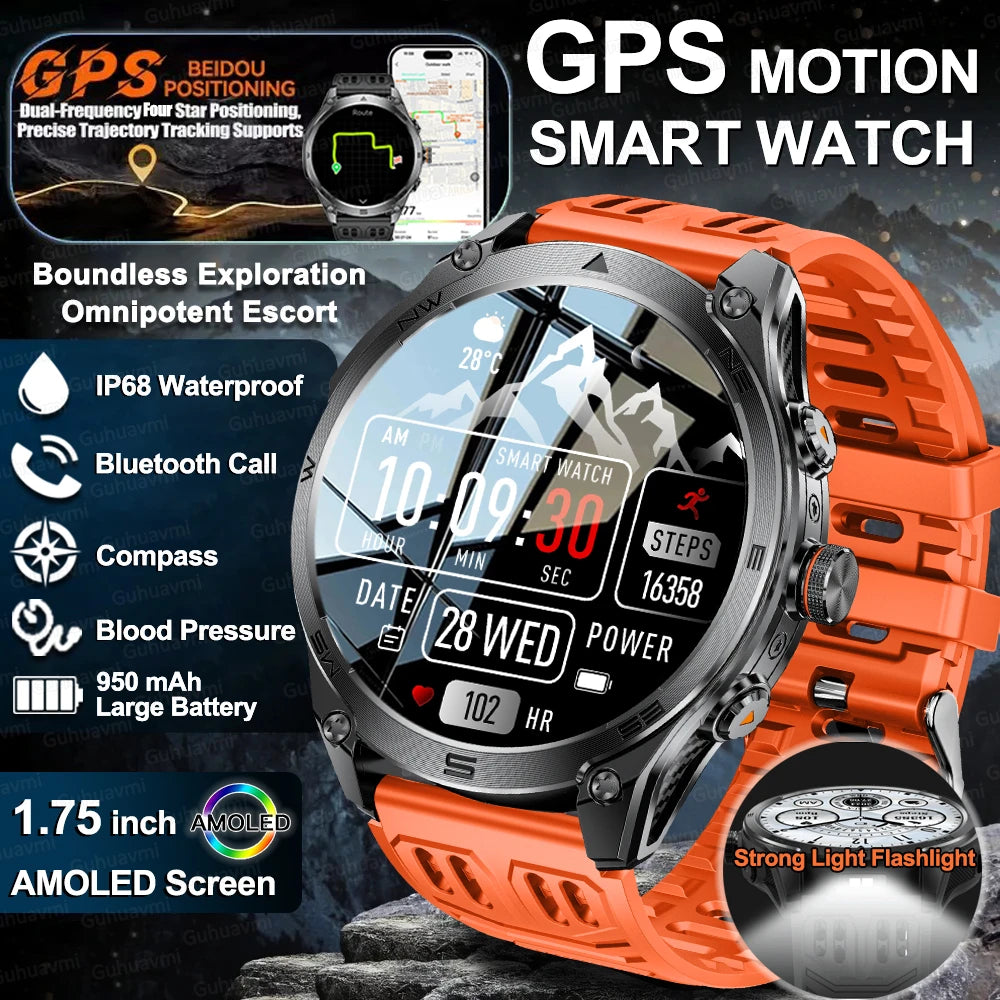 2025New GPS Sports Smart Watch AMOLED Flashlight 950Mah Battery IP68 Waterproof Fitness Trackr BT Call Smartwatch For Men Women