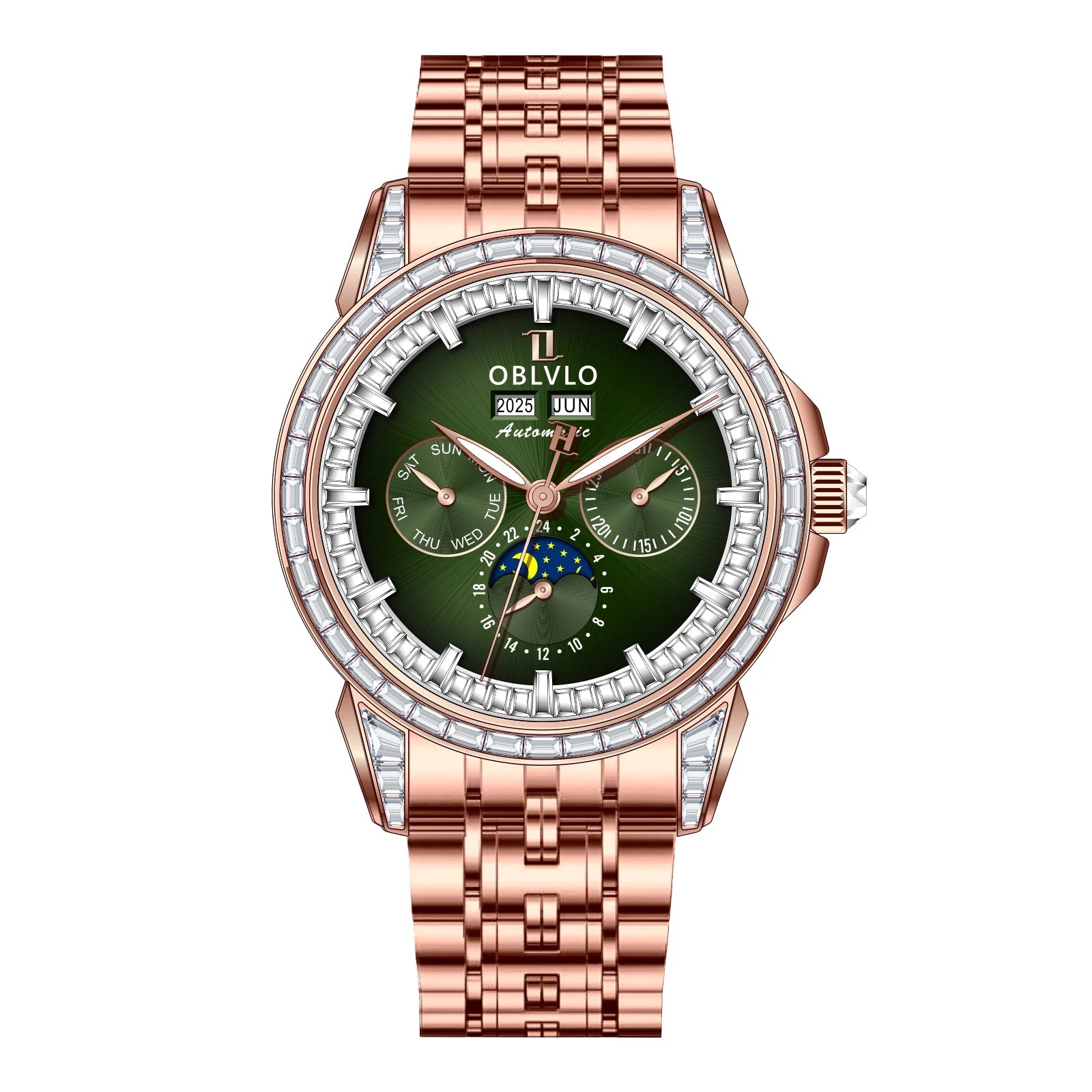 OBLVLO Men's Fashion Automatic Watch Colorful Zircon Moonphase Mechanical Multifunctional Black Leather Strap Timepiece...