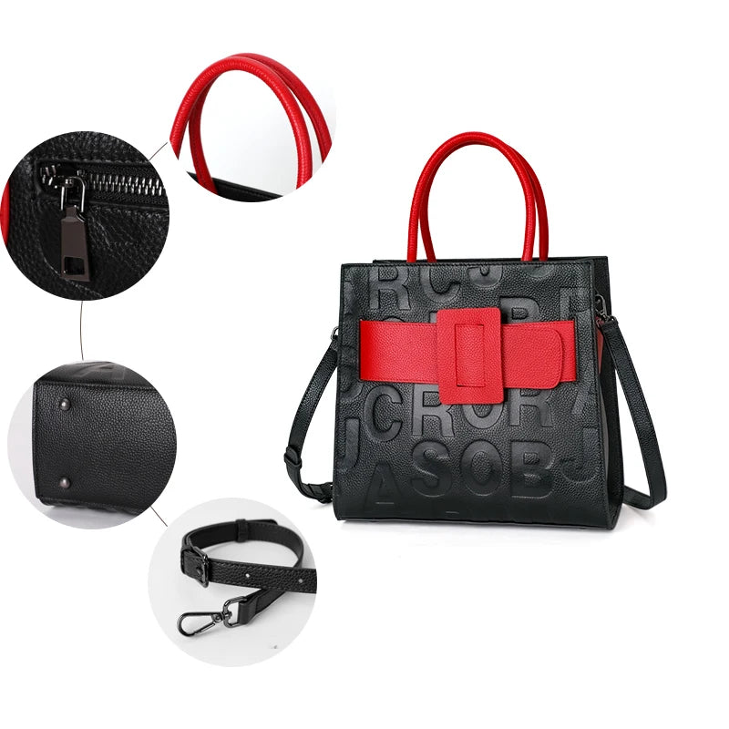 Aidrani Fashionable women's large capacity handbag with letter print design, made of cowhide material, square, black